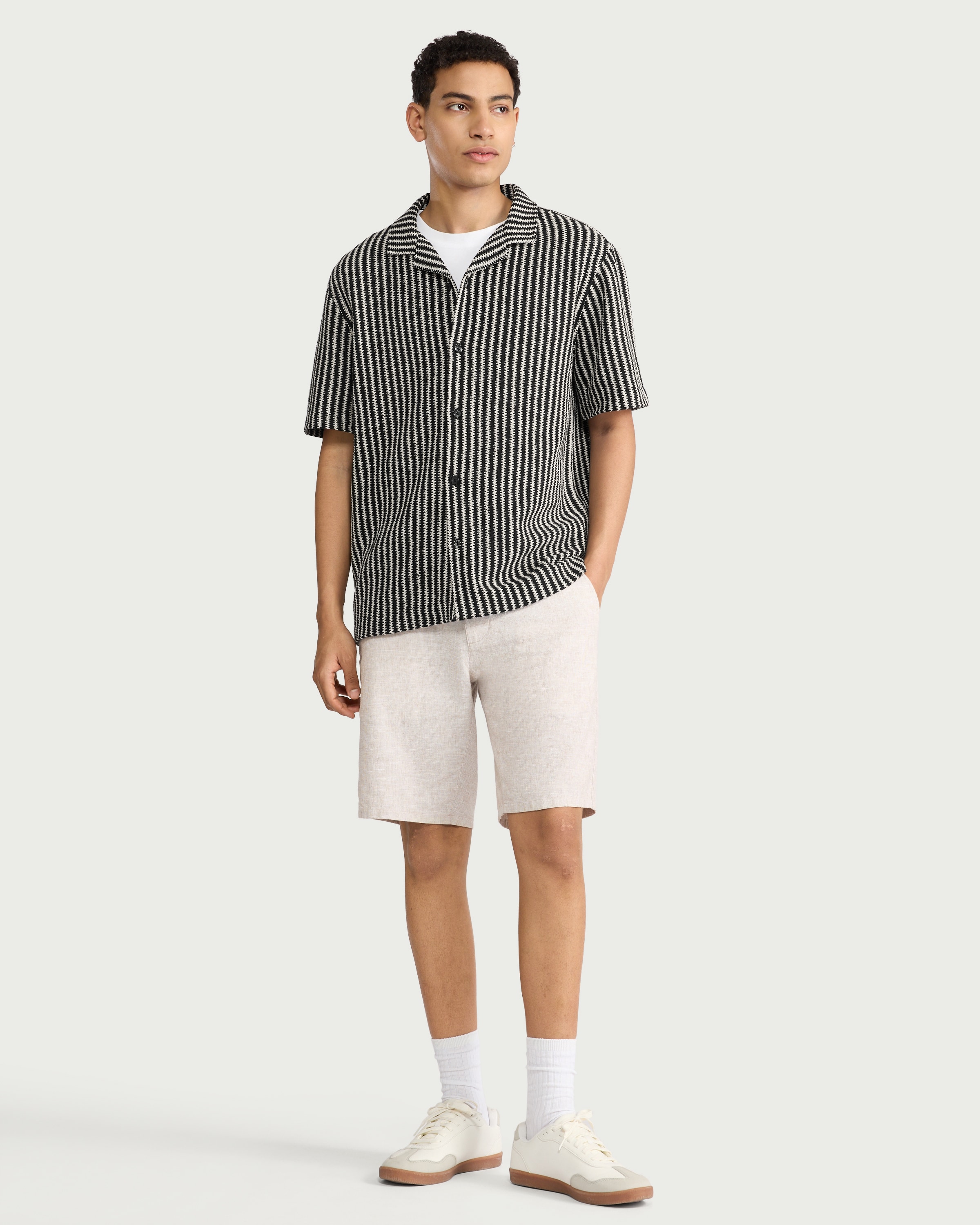 F&F Edit Cotton Rich Striped Short Sleeve Shirt in Multi Black thumbnail 3