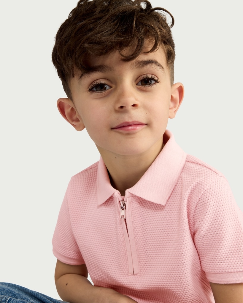 F&F Boys Popcorn Textured Zip Neck Polo Shirt in Pink