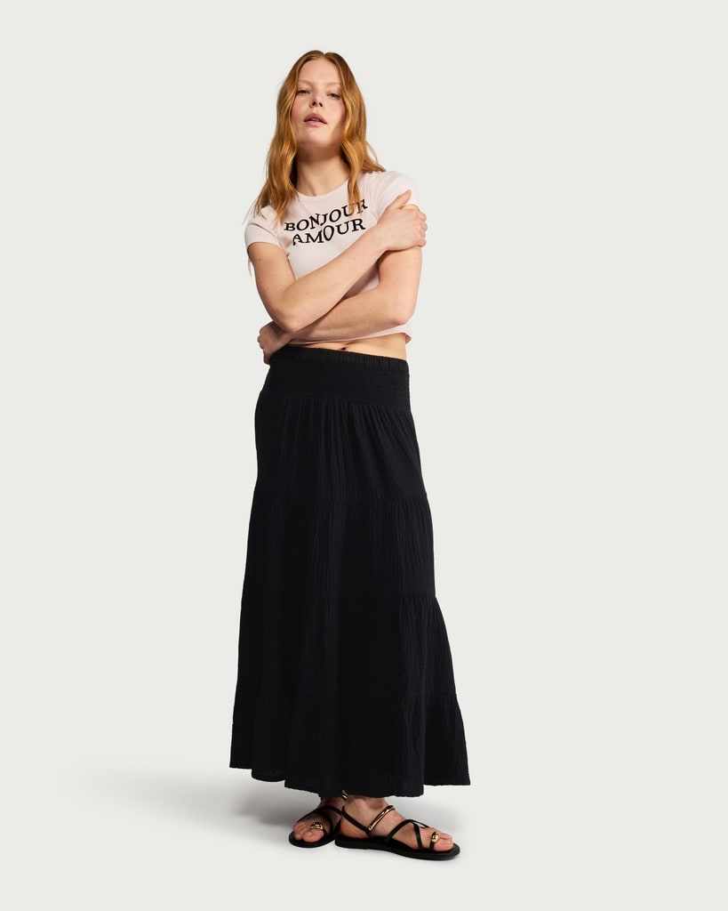 F&F Pure Cotton Double Cloth Tiered Maxi Skirt in Black