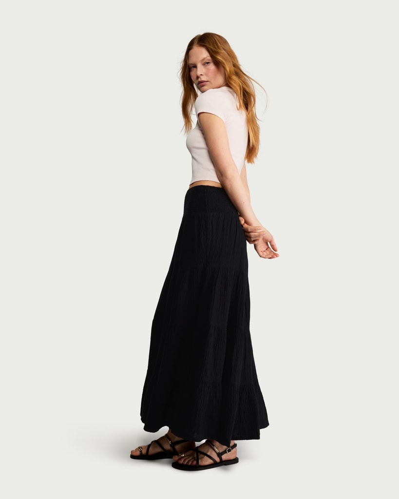 F&F Pure Cotton Double Cloth Tiered Maxi Skirt in Black thumbnail 2