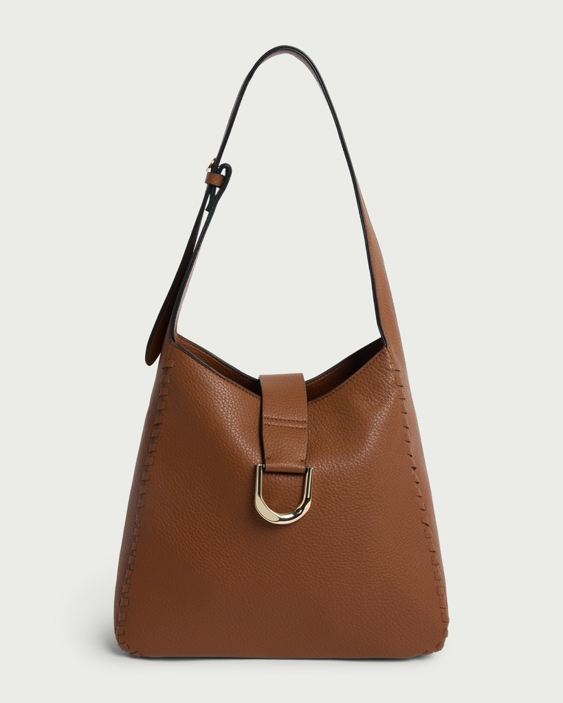 SACHA Textured Shoulder Bag with Gold Buckle in Brown