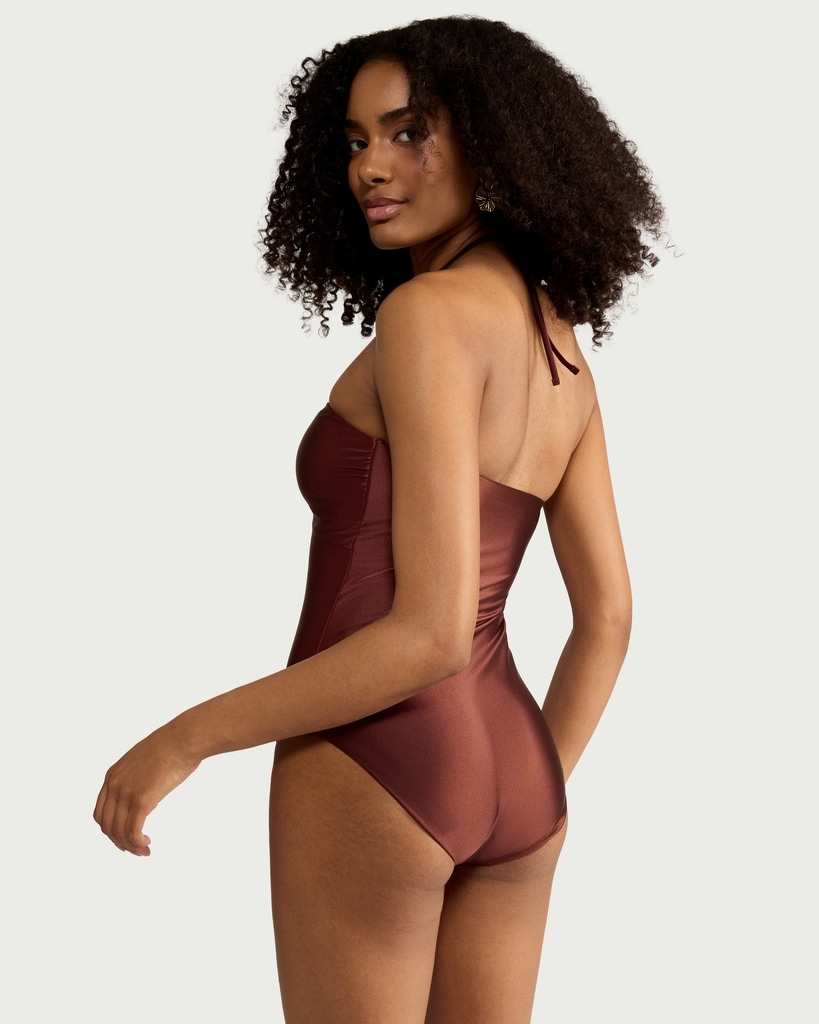 F&F Halter Neck Embellished Bandeau Swimsuit in Chocolate thumbnail 3