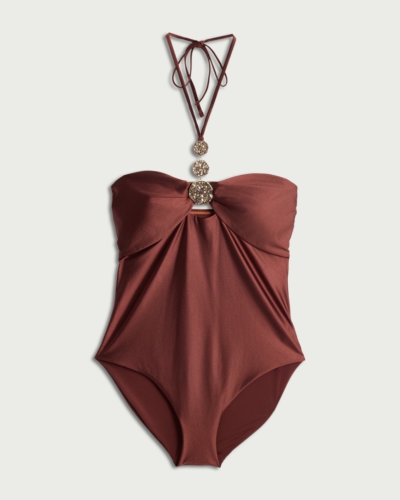 F&F Halter Neck Embellished Bandeau Swimsuit in Chocolate thumbnail 4