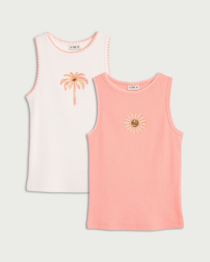 F&F Girls 2-Pack Cotton Rich Palm and Sun Print Vests in Coral thumbnail 4