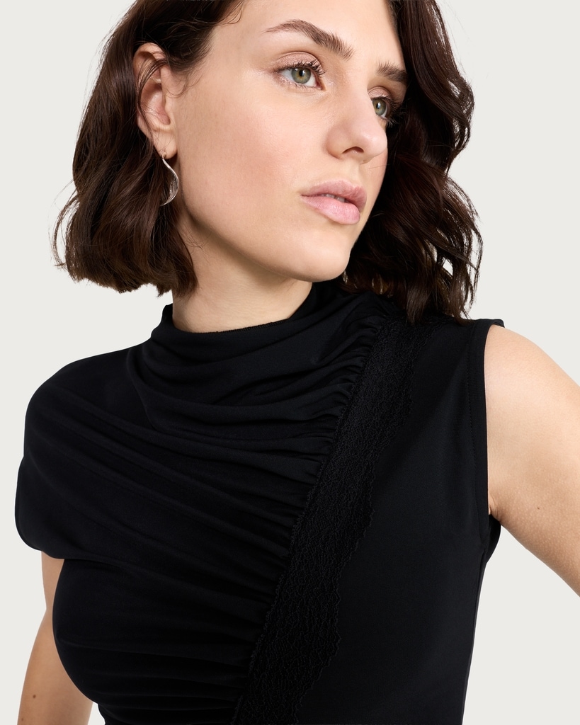 F&F Ruched Lace Trim Short Sleeved T-Shirt in Black