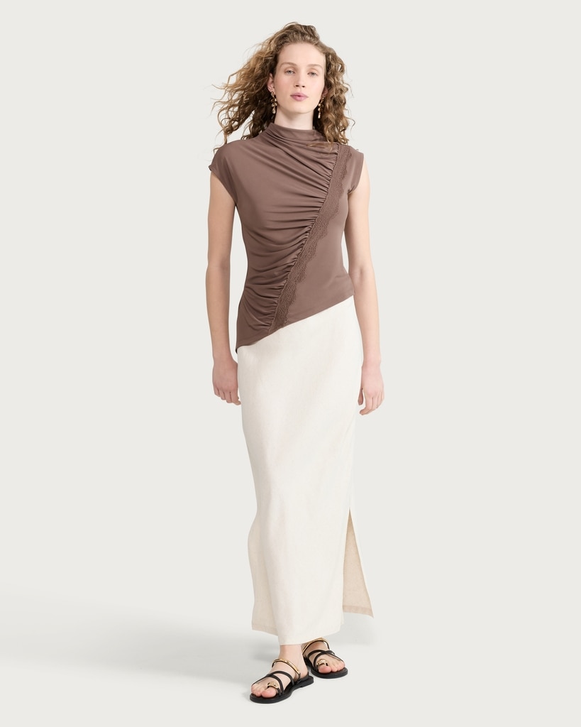 F&F Ruched Lace Trim Short Sleeved T-Shirt in Mink thumbnail 3