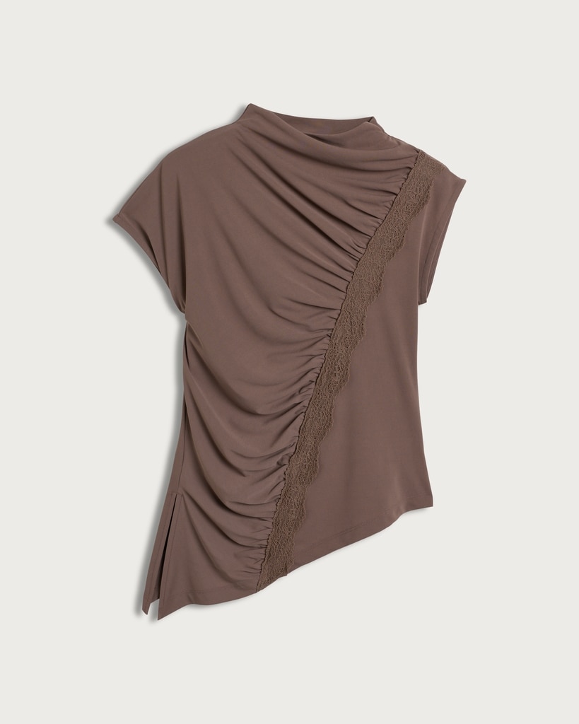 F&F Ruched Lace Trim Short Sleeved T-Shirt in Mink thumbnail 4