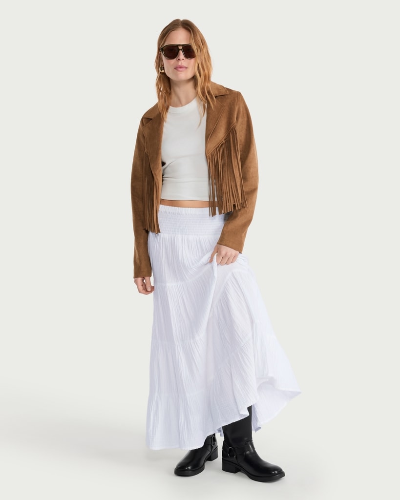 F&F Pure Cotton Double Cloth Tiered Maxi Skirt in White
