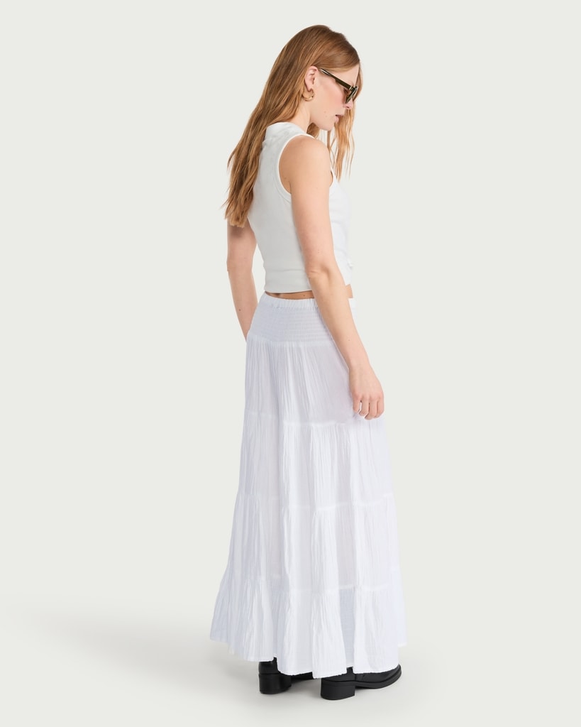 F&F Pure Cotton Double Cloth Tiered Maxi Skirt in White thumbnail 3
