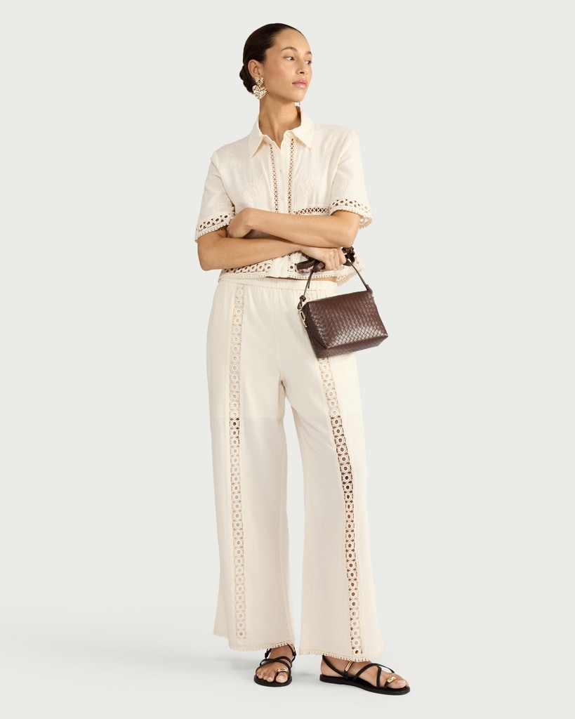 The F&F Edit Pure Cotton Lace Insert Wide Leg Trousers in Cream