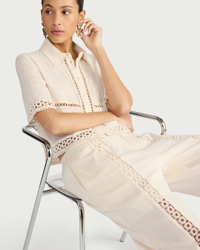 The F&F Edit Pure Cotton Lace Insert Wide Leg Trousers in Cream thumbnail 2
