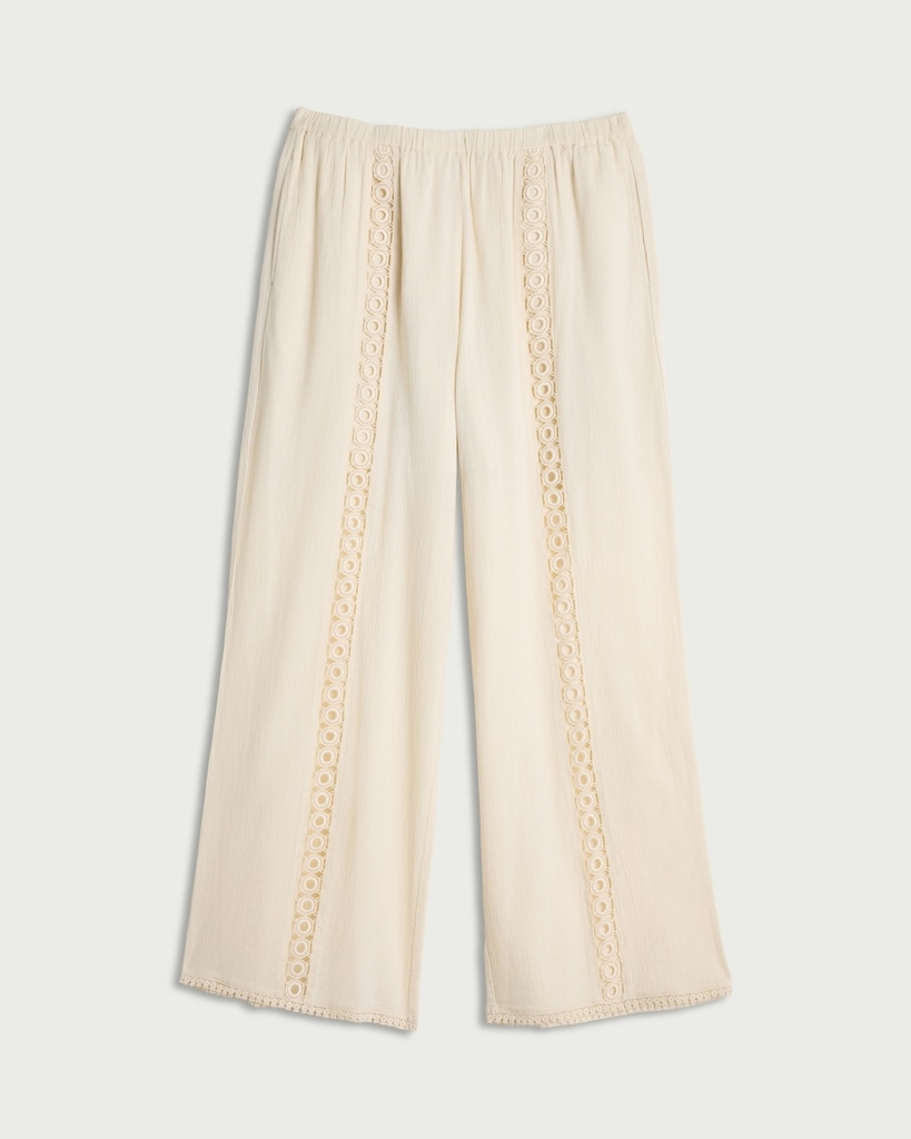 The F&F Edit Pure Cotton Lace Insert Wide Leg Trousers in Cream thumbnail 4