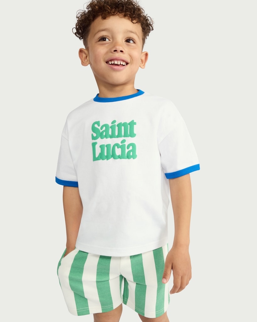 F&F Boys 2-Piece Saint Lucia Slogan T-Shirt and Striped Shorts Set in White