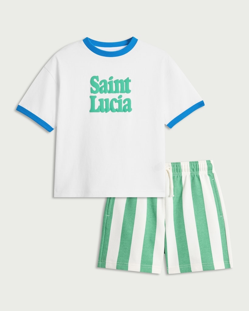 F&F Boys 2-Piece Saint Lucia Slogan T-Shirt and Striped Shorts Set in White thumbnail 4
