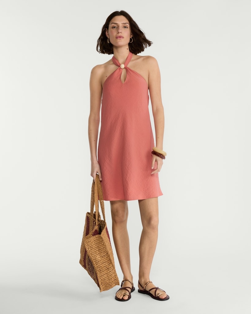 The F&F Edit Beaded Halter Neck Mini Dress in Coral thumbnail 2