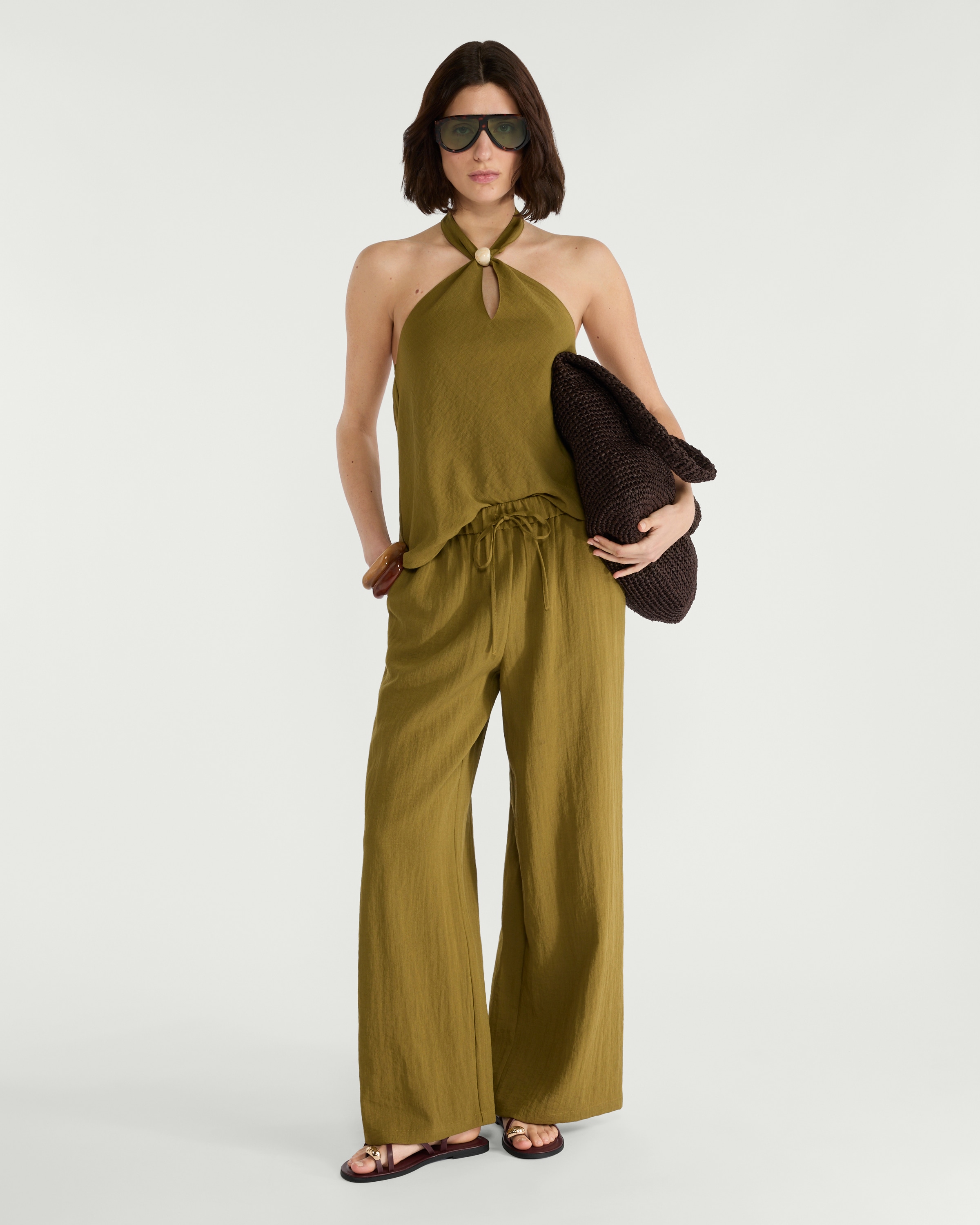 The F&F Edit Wide Leg Drawstring Co-ord Trousers in Olive