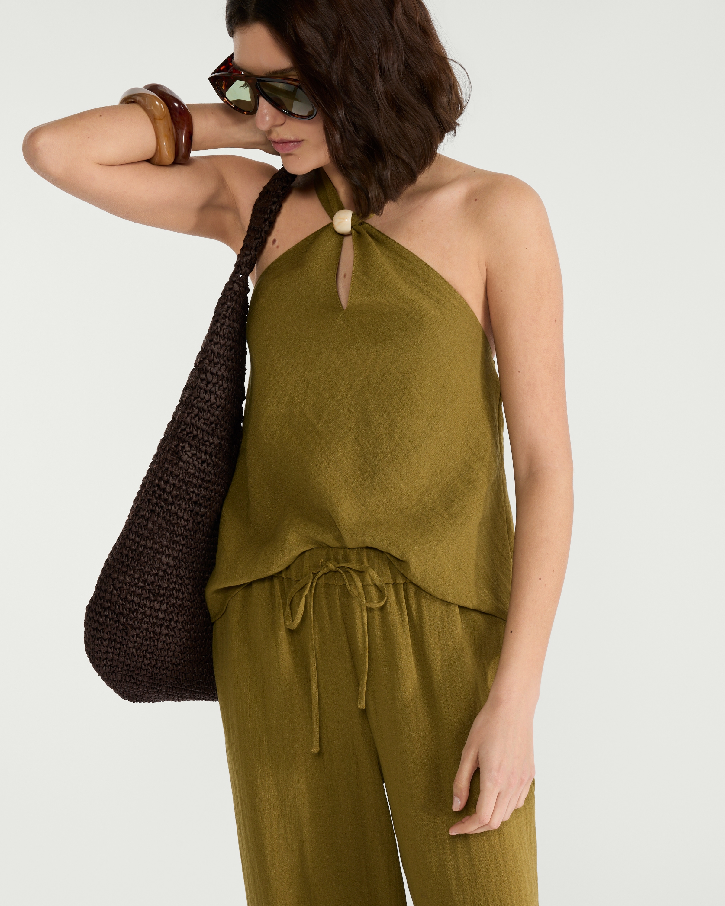 The F&F Edit Wide Leg Drawstring Co-ord Trousers in Olive thumbnail 2