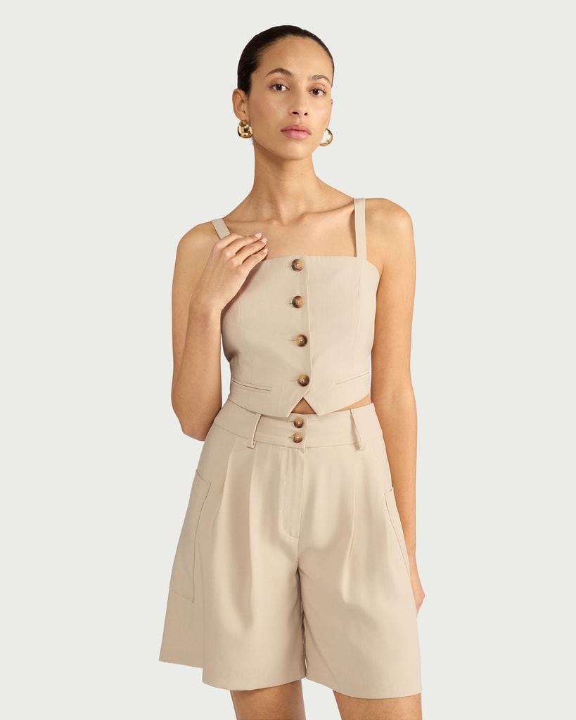 F&F Button Front Cropped Waistcoat in Beige thumbnail 2