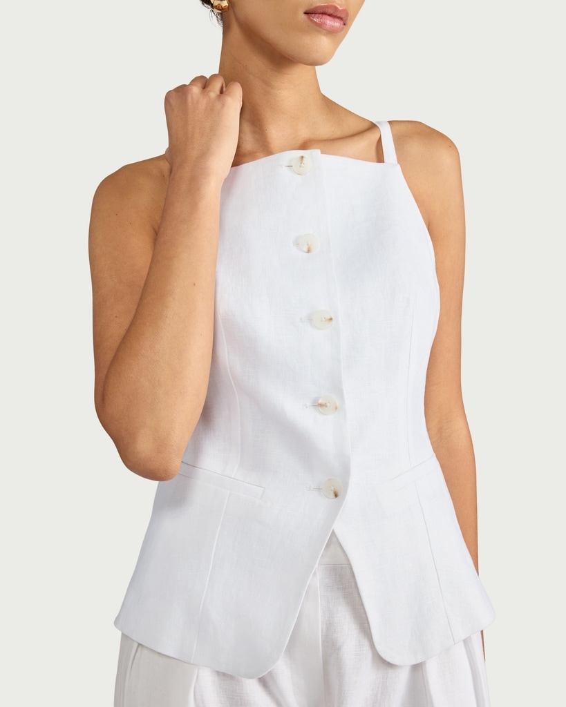 F&F Pure Linen Button Front Waistcoat in White thumbnail 2