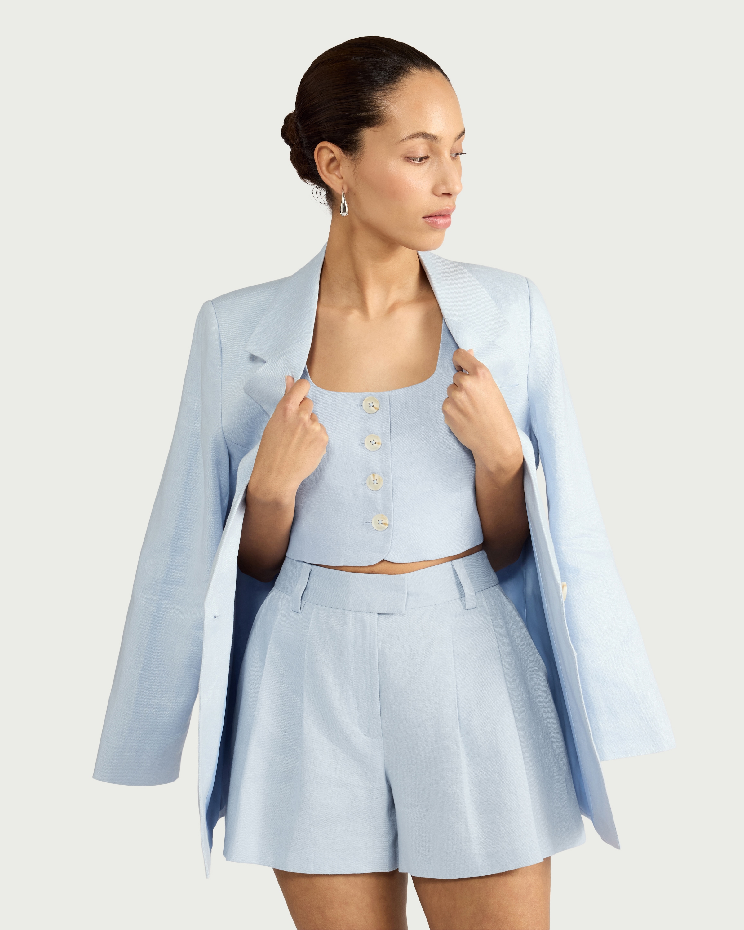 F&F Pure Linen Button Front Cropped Waistcoat in Blue