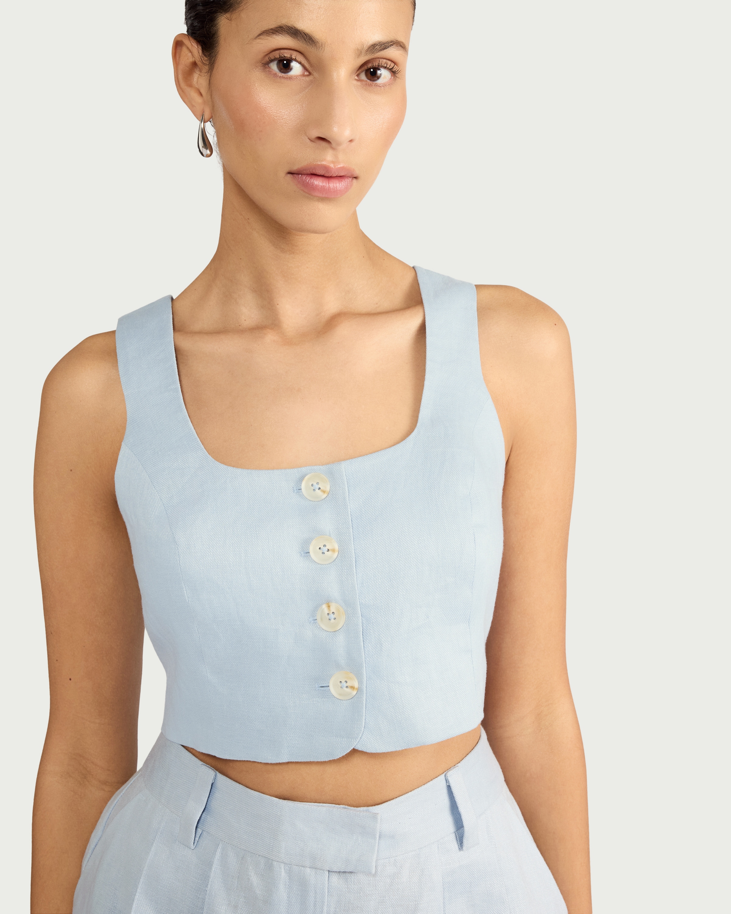 F&F Pure Linen Button Front Cropped Waistcoat in Blue thumbnail 2