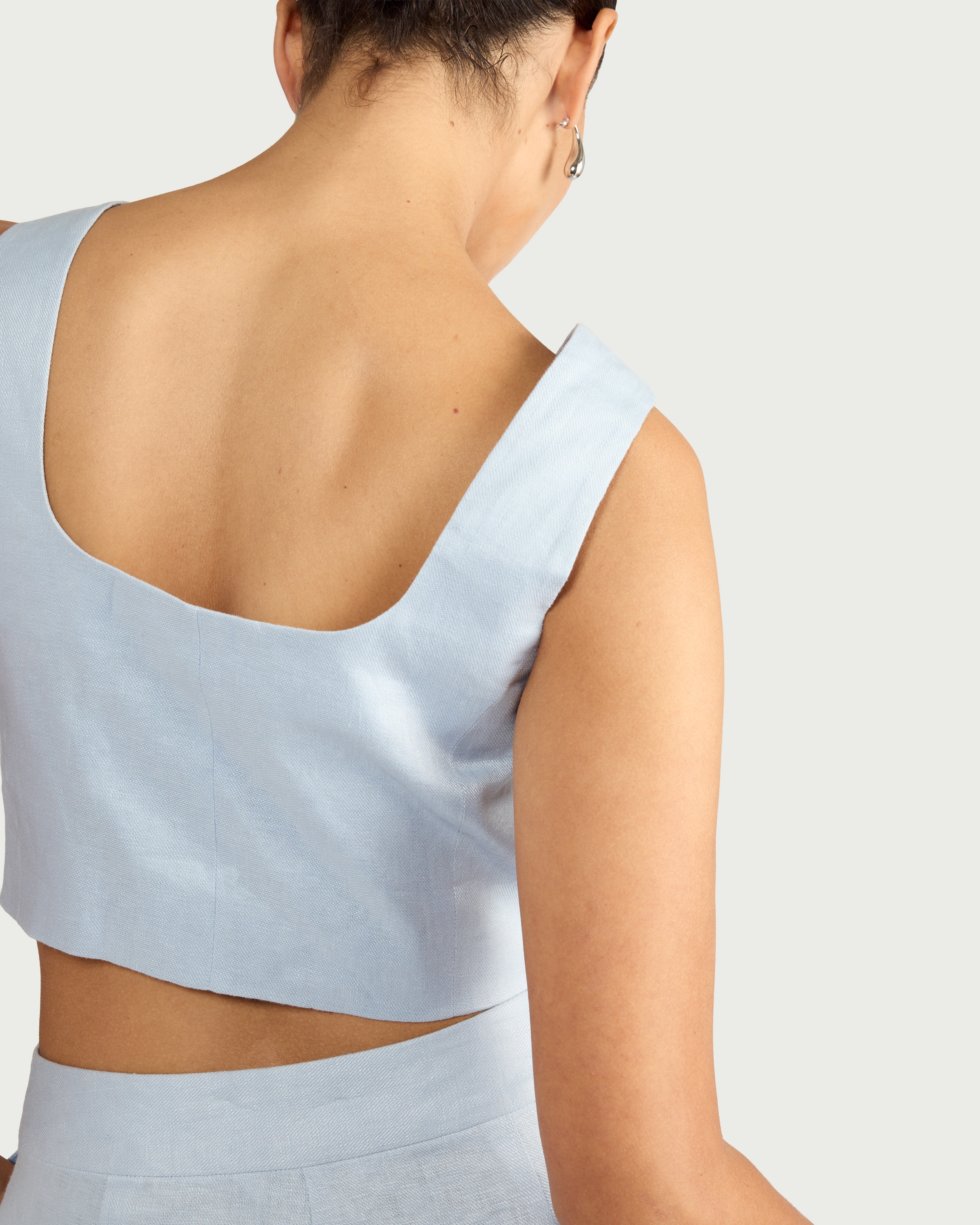 F&F Pure Linen Button Front Cropped Waistcoat in Blue thumbnail 3