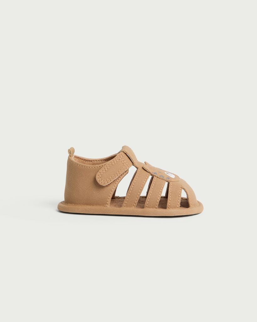 F&F Baby Tiger Face Pramshoe Sandals in Stone