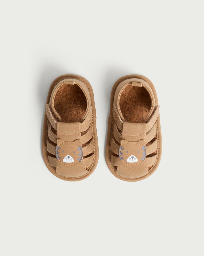 F&F Baby Tiger Face Pramshoe Sandals in Stone thumbnail 2