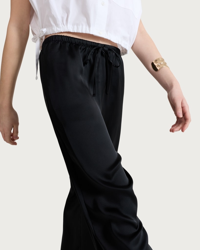 F&F Satin Wide Leg Drawstring Trousers in Black thumbnail 2