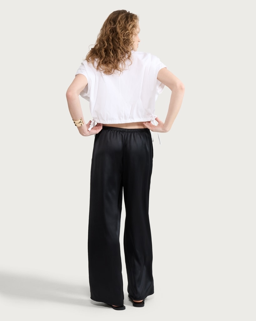 F&F Satin Wide Leg Drawstring Trousers in Black thumbnail 3
