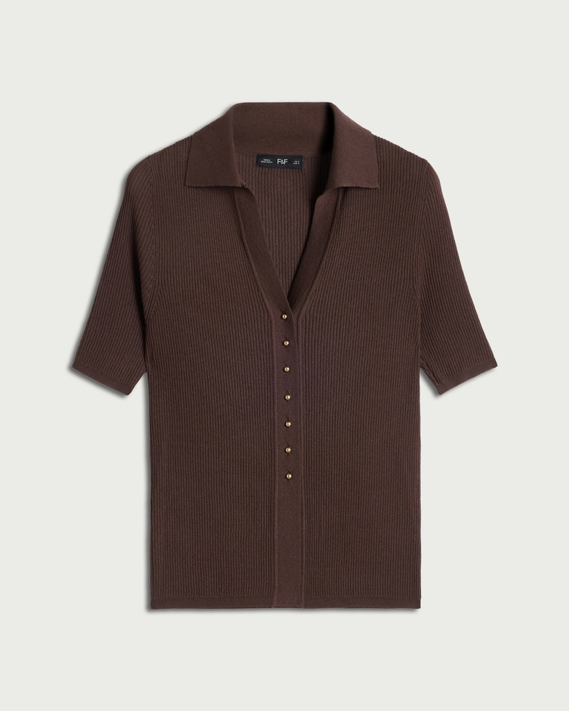 F&F Ribbed Knit Collared Button Up Jumper in Brown thumbnail 4