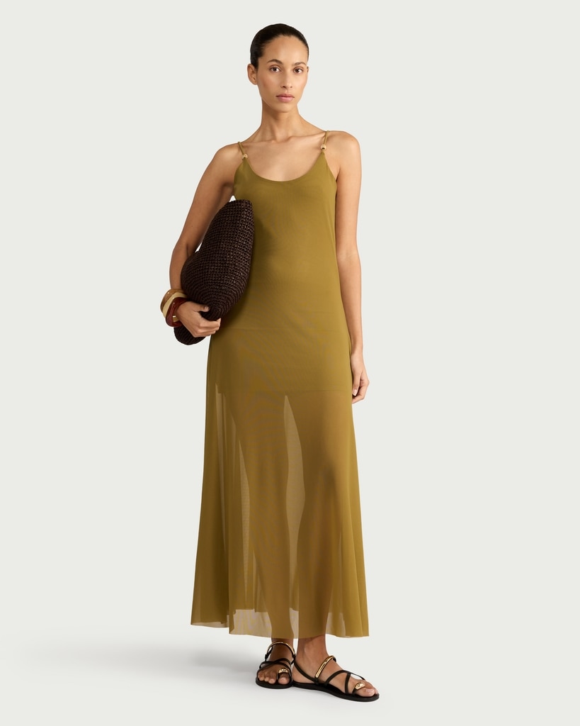 The F&F Edit Mesh Bead Detail Strappy Midi Dress in Olive