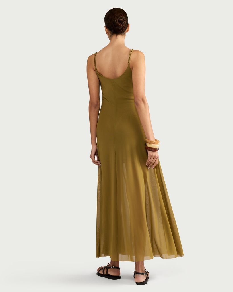 The F&F Edit Mesh Bead Detail Strappy Midi Dress in Olive thumbnail 3