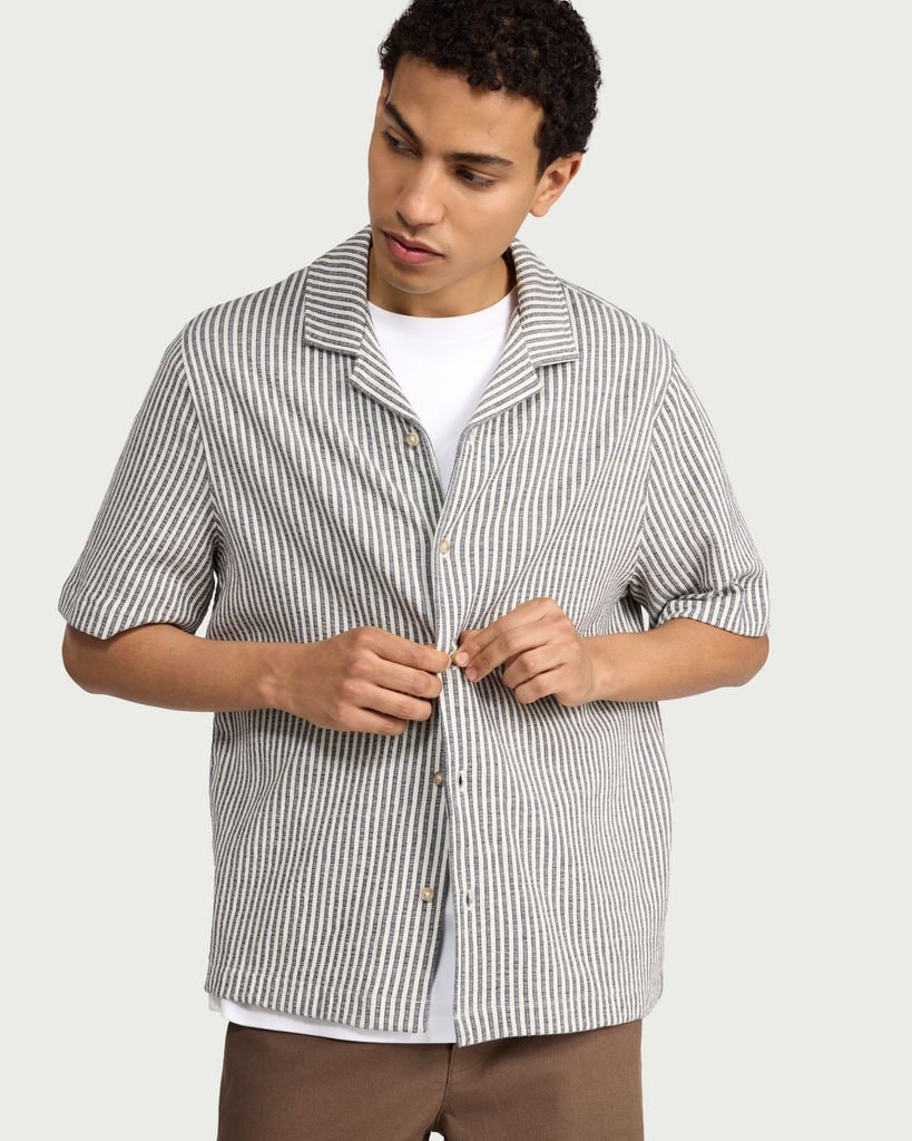 F&F Textured Stripe Short Sleeved Shirt in Multi Blue thumbnail 2