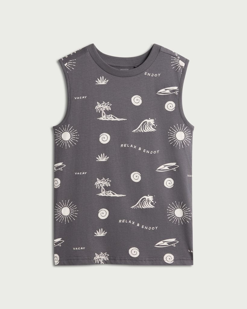F&F Boys Pure Cotton Printed Oversized Fit Vest in Grey thumbnail 4