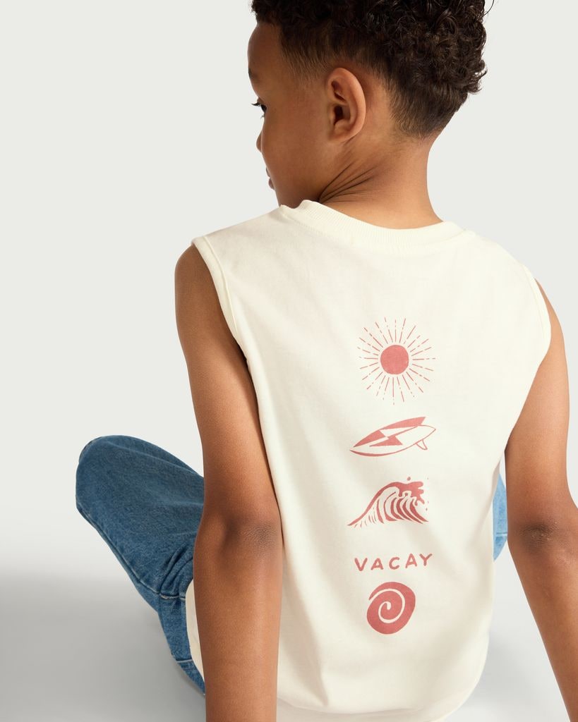 F&F Boys Pure Cotton Printed Oversized Fit Vest in Cream