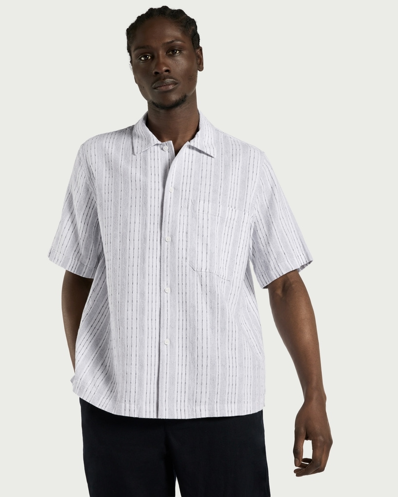 F&F Linen Blend Striped Short Sleeved Shirt in White