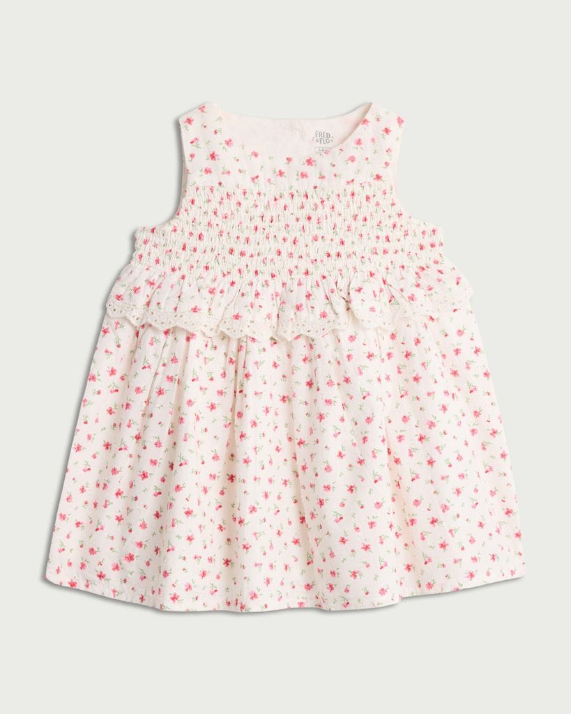 F&F Baby Pure Cotton Floral Smocked Sleeveless Dress in Cream
