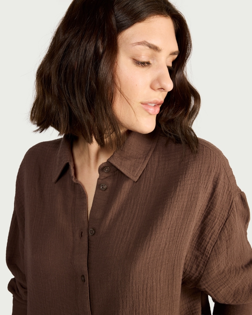 F&F Pure Cotton Double Cloth Long Sleeved Shirt in Brown
