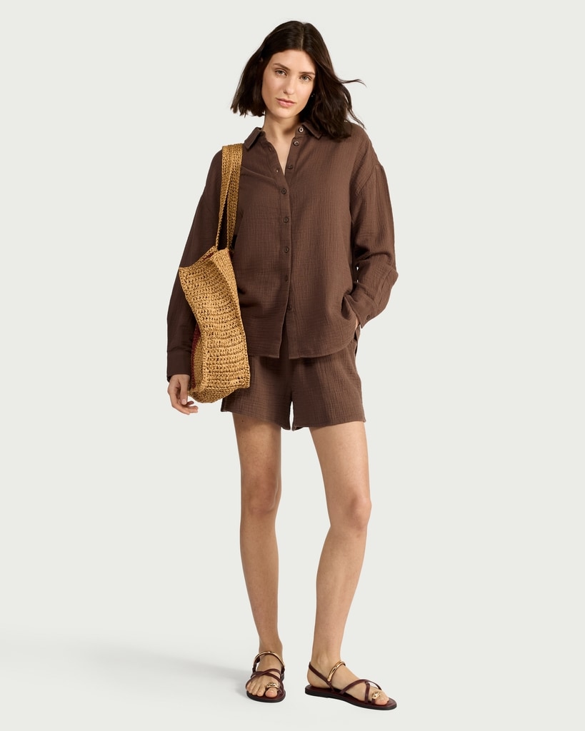 F&F Pure Cotton Double Cloth Long Sleeved Shirt in Brown thumbnail 2