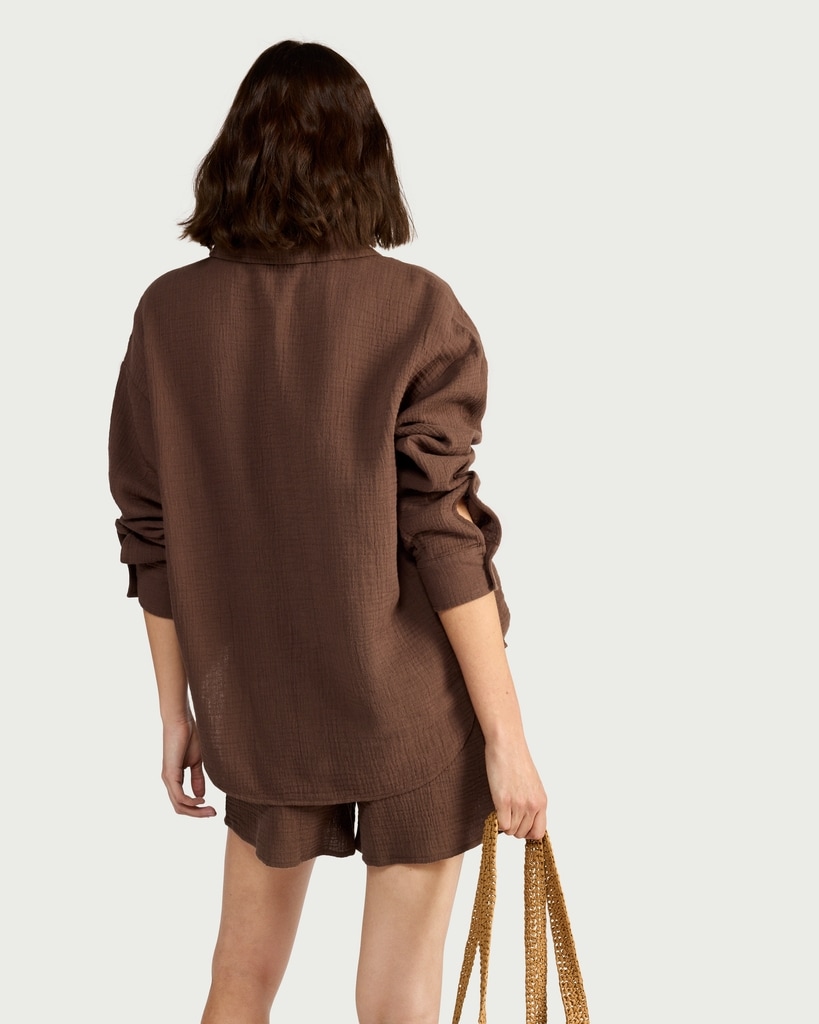 F&F Pure Cotton Double Cloth Long Sleeved Shirt in Brown thumbnail 3