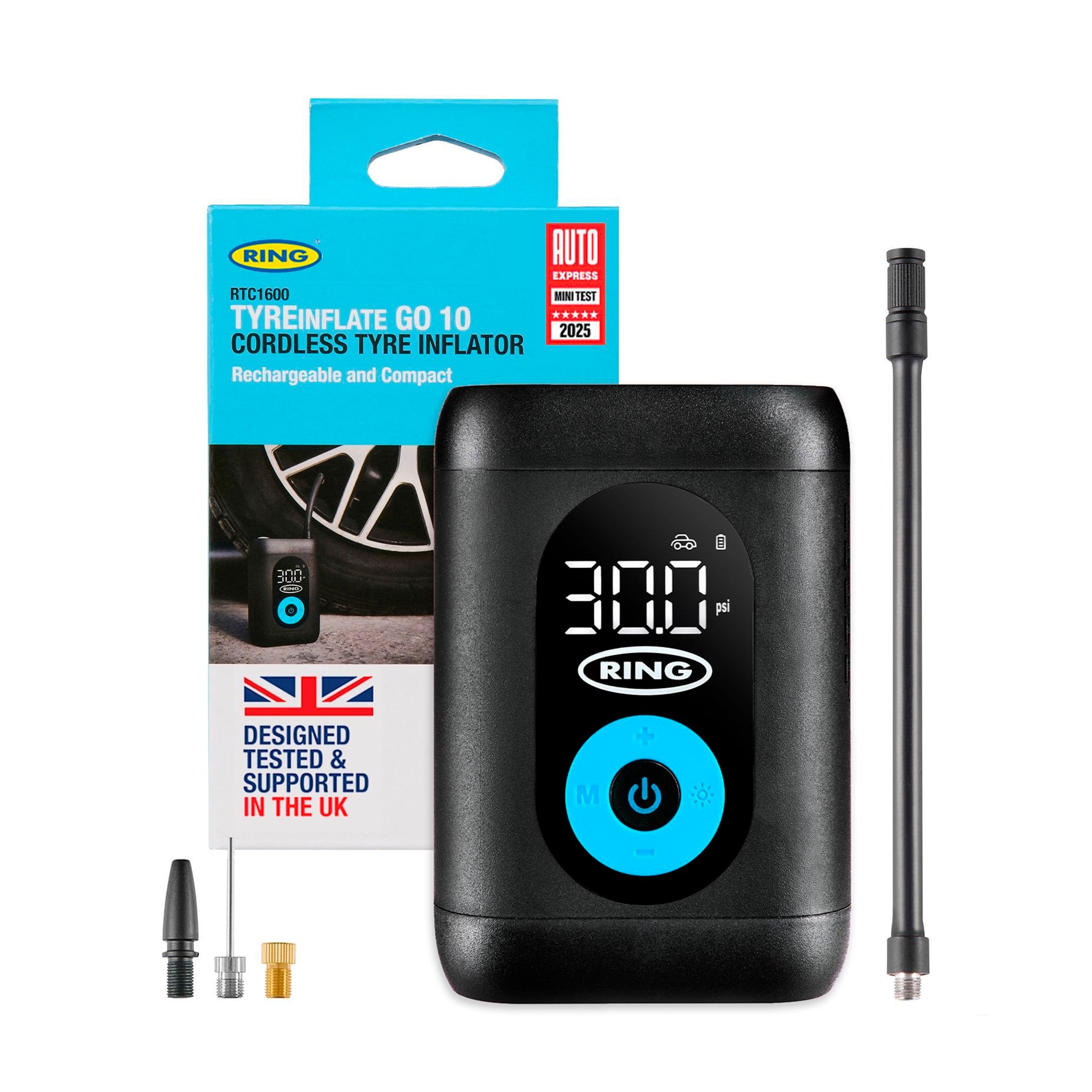 Ring TYREINFLATE GO 10 Cordless Tyre Inflator Rechargeable and Compact RTC 1600
