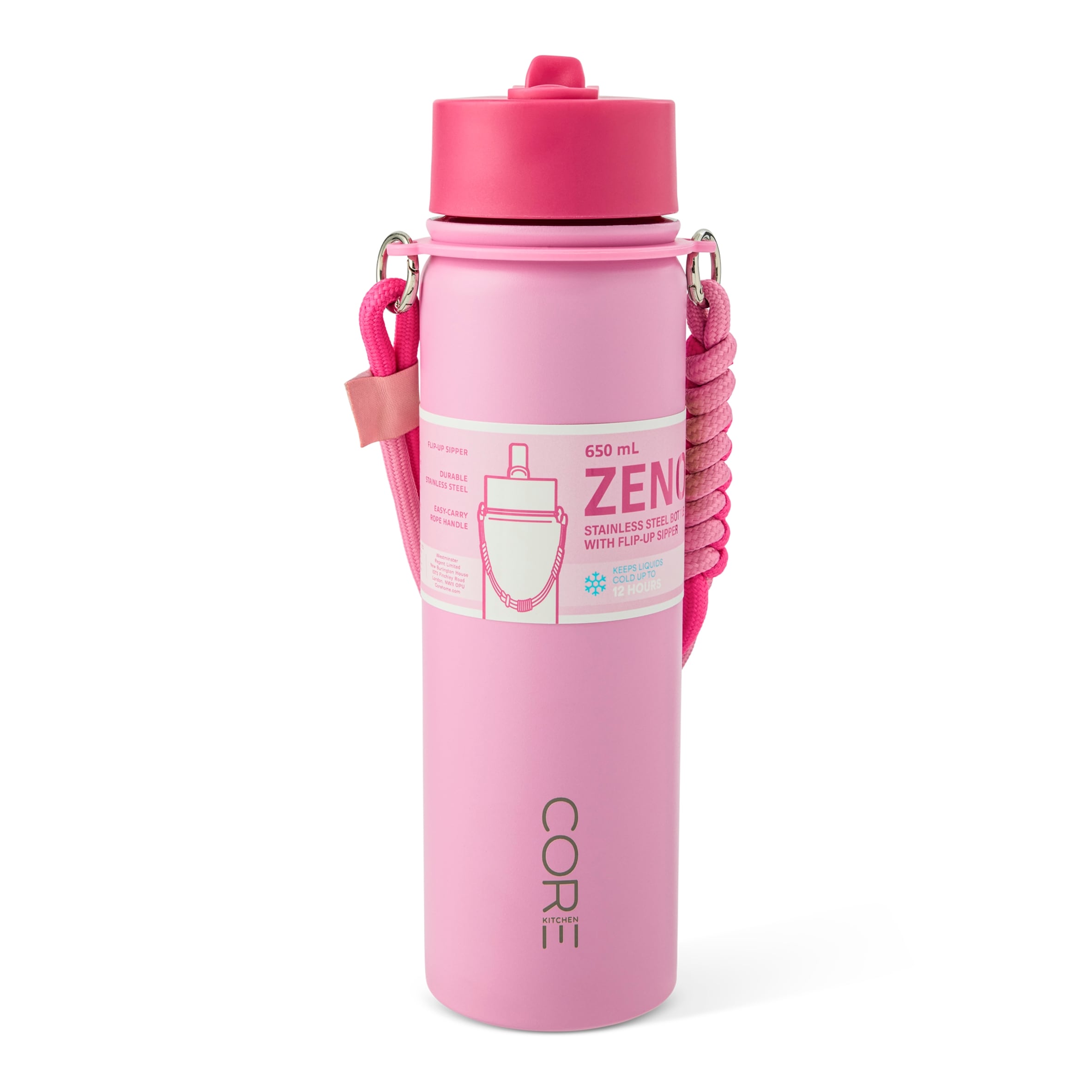 Core Kitchen Pink Zeno Metal Drinking Water Bottle 650ml