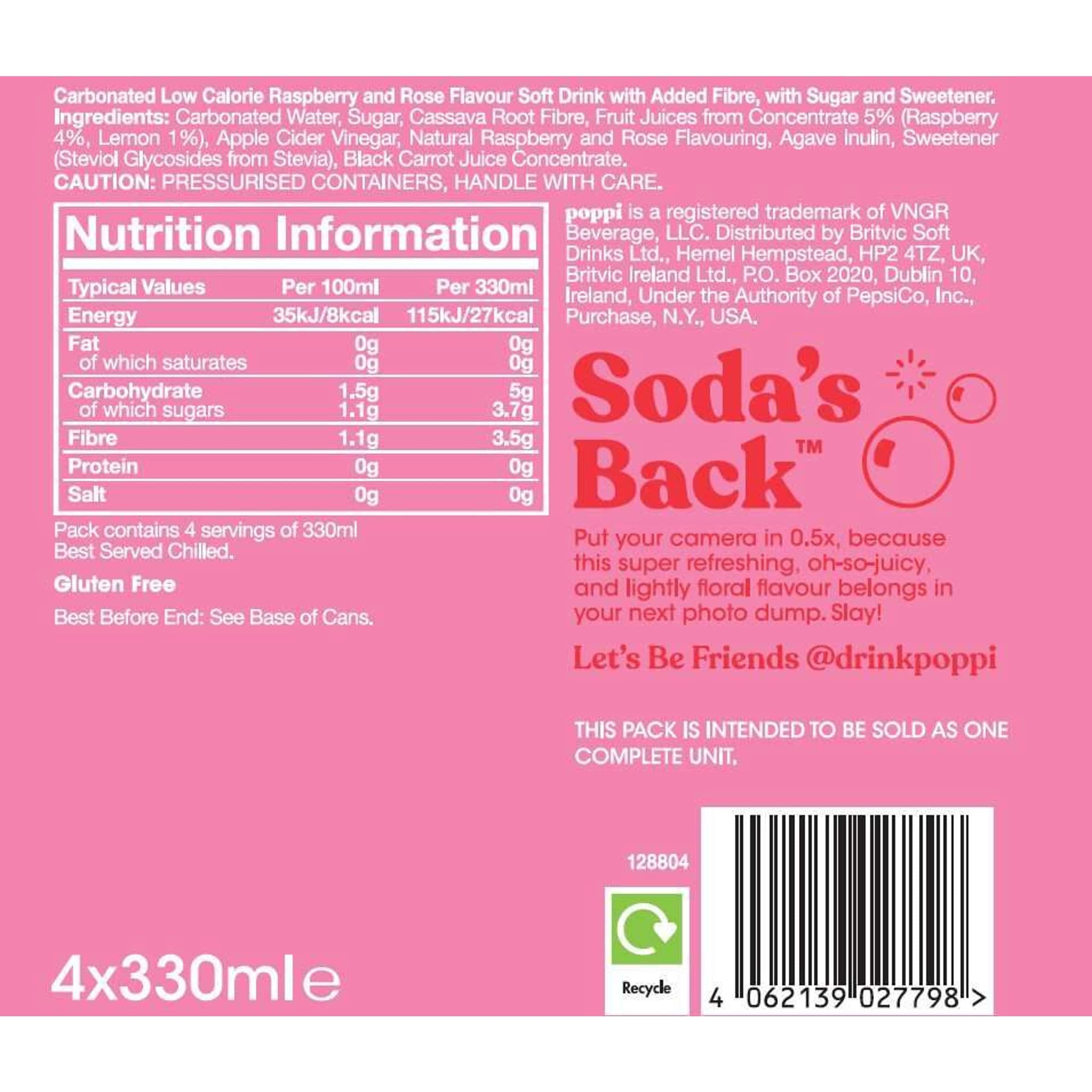Poppi Raspberry & Rose Soda Cans 4x330ml thumbnail 4