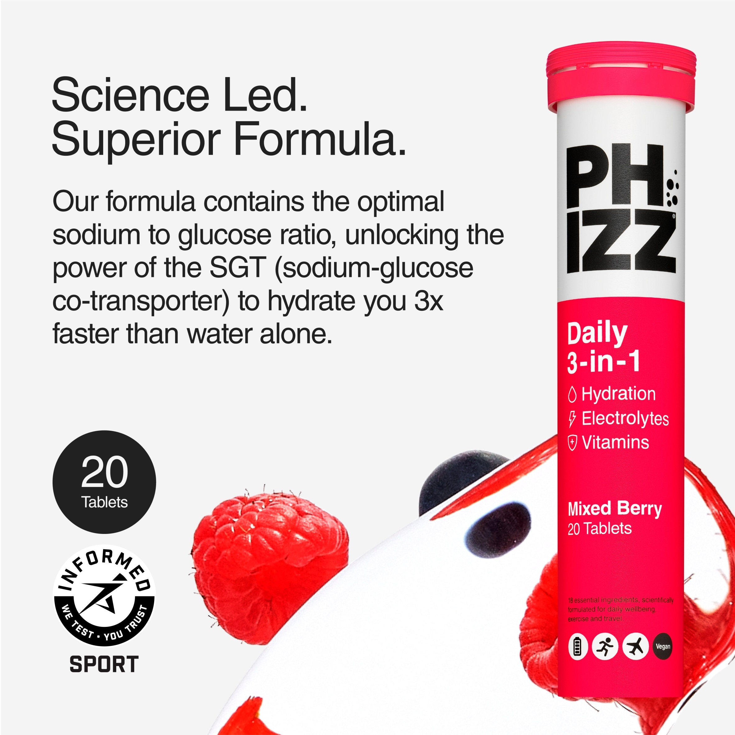 Phizz Mixed Berry 3 in 1 Hydration, Electrolytes and Vitamins 10 Tablets 43g thumbnail 3