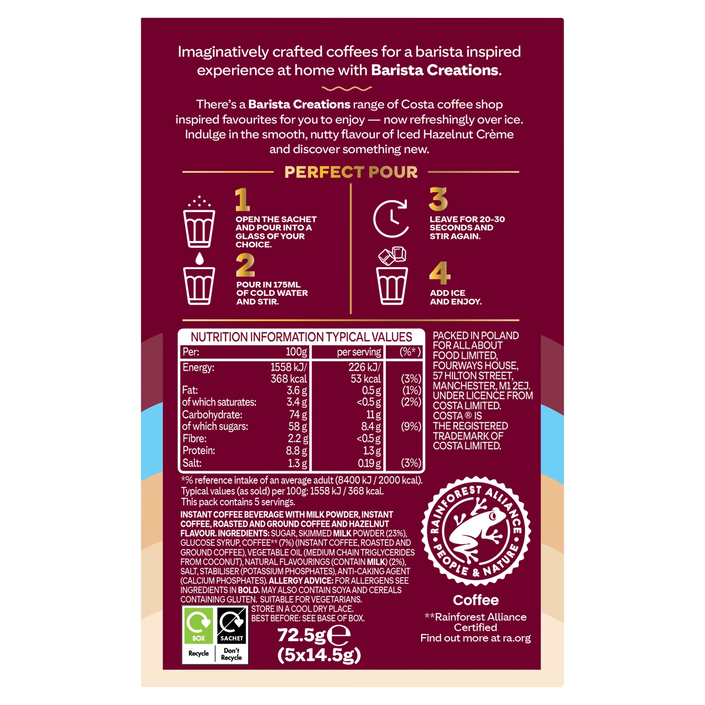 Costa Coffee Barista Creations 5 x 72.5g Hazelnut Creme Iced Coffee Sachets thumbnail 2