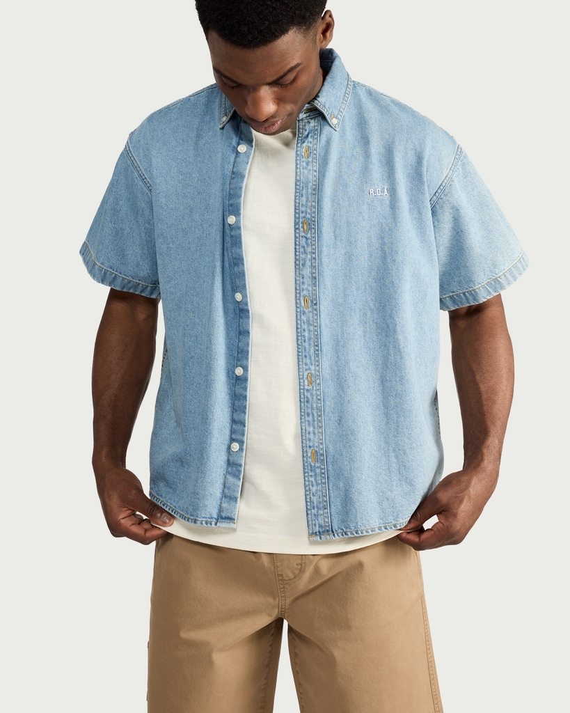 RDA Button Up Pure Cotton Short Sleeved Shirt in Blue