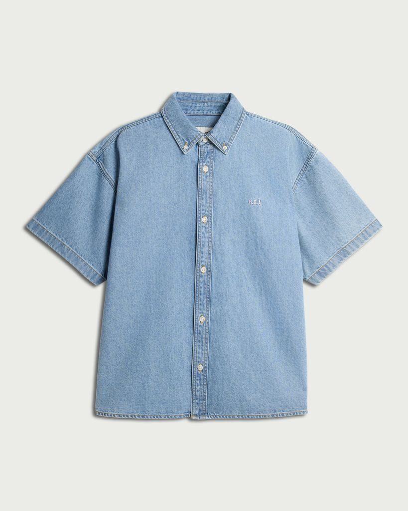 RDA Button Up Pure Cotton Short Sleeved Shirt in Blue thumbnail 4