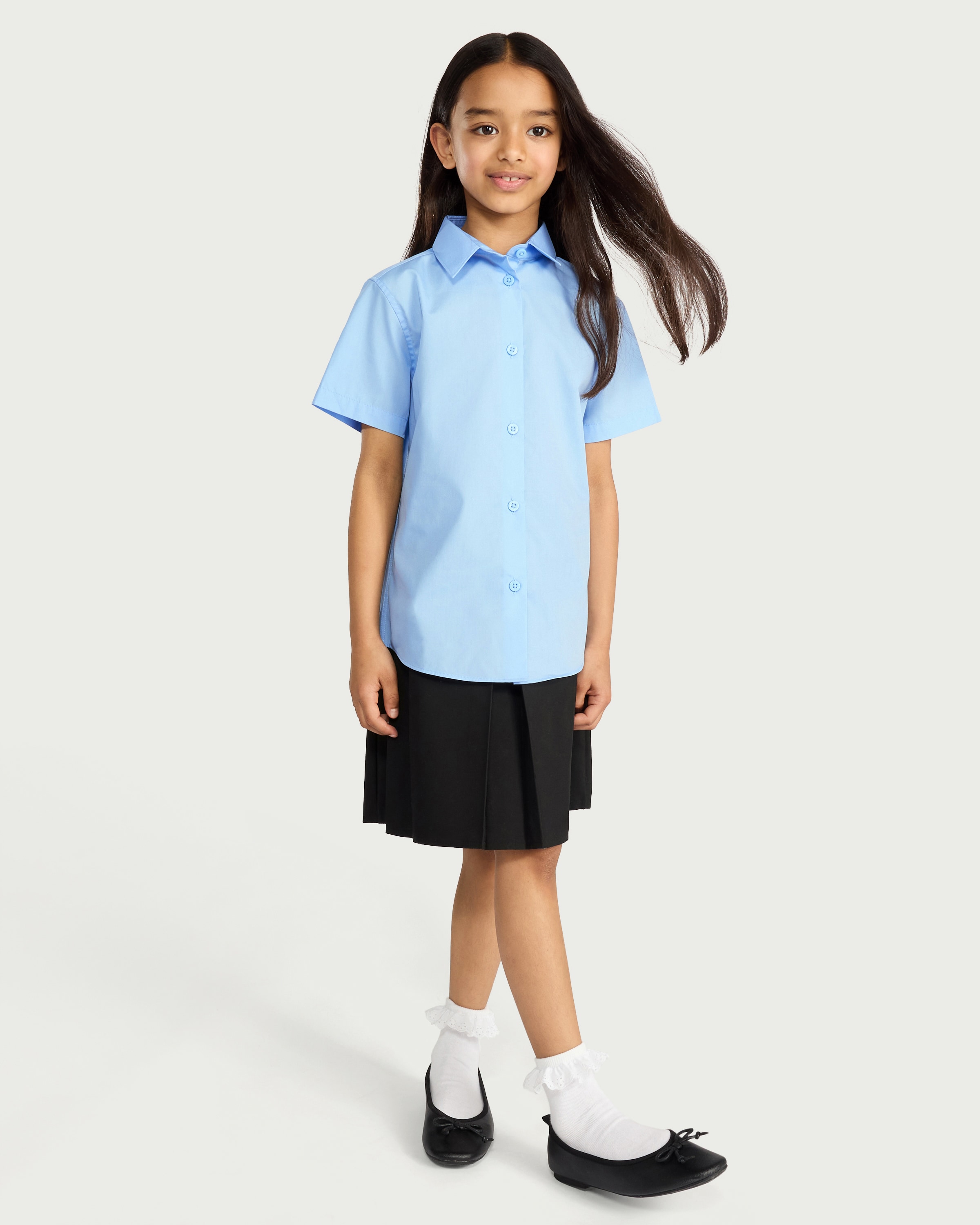F&F School Girls 3-Pack Regular Fit Short Sleeved Shirts in Blue thumbnail 2
