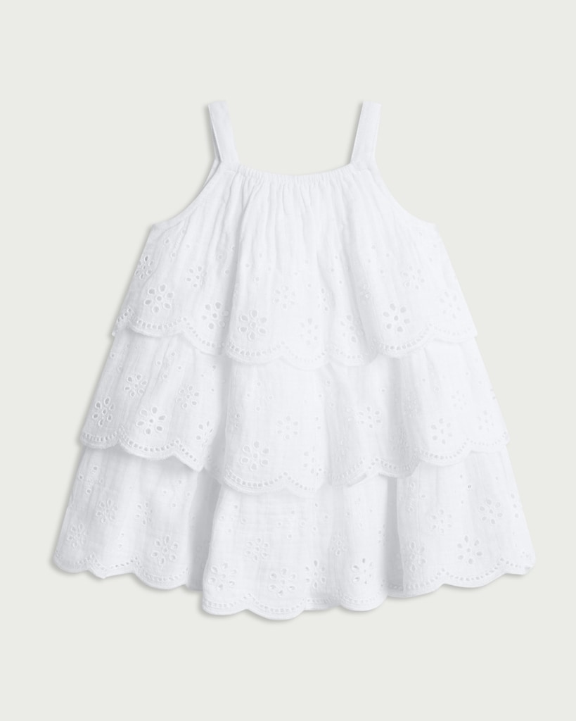 F&F Baby Pure Cotton Embroidered Tiered Sleeveless Dress in White